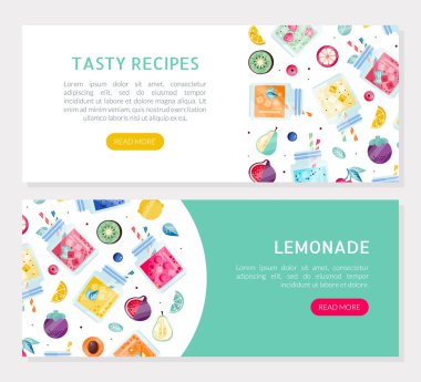 Taze Doğal Limonata İniş Sayfası Tasarımı ve Saman Vektör Şablonu ile cam kavanozda içecek tazeleme. Web Afişi veya Vitaminik Lezzetli Yaz İçeceği Konsepti