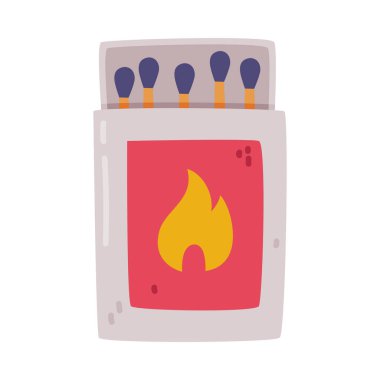 Kibrit kutusu ve kibrit kutuları ateş vektörü illüstrasyonunu başlatmak için küçük tahta çubuklar ve araç olarak kullanılıyor. Kartonda Yanıcı Ekipman