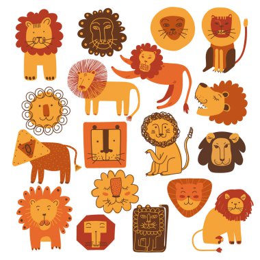 Komik Aslan ve Burun, Afrika Hayvanı rolünde, Mane Doodle Büyük Vektör Kümesi. Vahşi Memeli Şirin Kürklü Ağız Kavramı