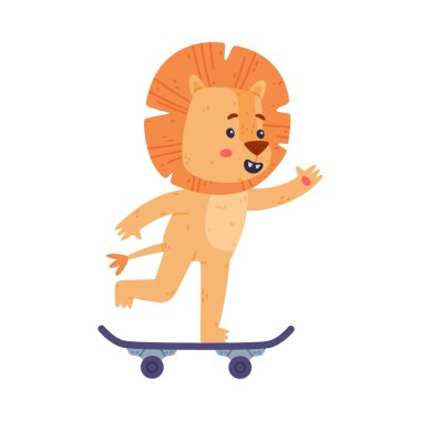 Mane ile Komik Aslan Karakteri Keyifli Kaykay Sürücüsü Vektör İllüzyonu. Şirin Burunlu Afrika memelisi