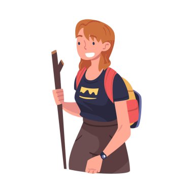 Sırt çantası takan ve Polonyalı Vektör İllüzyonuyla Yürüyüş yapan Genç Kadın Karakteri. Bayan Turist Seyahati Seyahati ya da Yürüyen Yolculuk Konsepti