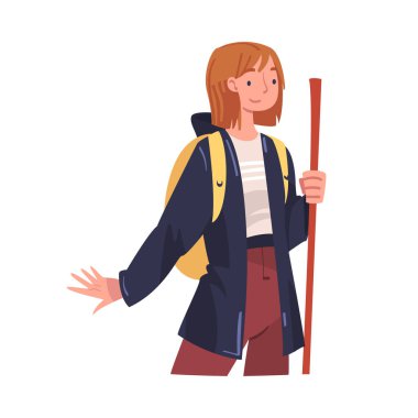 Sırt çantası ve yürüyüş vektörü illüstrasyonuyla Polonyalı Genç Kadın Yerel Turizme Bağlandı. Bayan Turist Seyahati Seyahati ya da Yürüyen Yolculuk Konsepti