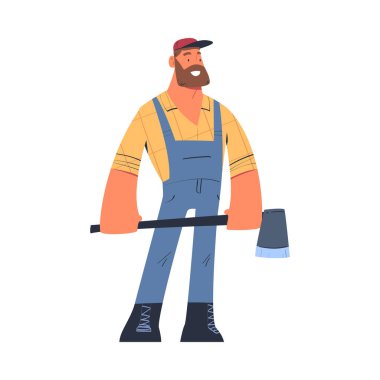 Sakallı Adam Kütüğü ya da Checkered Shirt 'teki Oduncu Axe Vector Illustration ile duruyor. Erkek İşçi Ahşap Kesme ve Ağaç Kesme Endüstrisinde