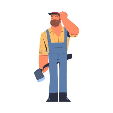 Sakallı Adam Kütüğü ya da Checkered Shirt 'teki Oduncu Axe Vector Illustration ile duruyor. Erkek İşçi Ahşap Kesme ve Ağaç Kesme Endüstrisinde