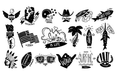 ABD Logo Rozetleri ve Amerikan Yaşam Tarzı Vektör Seti 'nin Kara Amblemleri. Ulusal Vatanseverlik Sembollü Etiketler