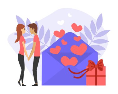 Kalpli ve hediye kutusu illüstrasyonlu Sevimli Erkek ve Kadın Elleri Tutuşan Bir Çift. Erkek ve Kadın Sevgililer Günü 'nü Kutluyor