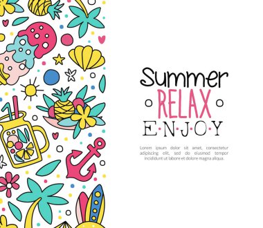 Doodle Nesne Vektör Şablonu ile Renkli Yaz Tatil Kartı Tasarımı. Sunny Beach Tatil ve Deniz Konsepti Olarak Palmiye ve Dondurma Posteri