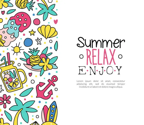 Doodle Nesne Vektör Şablonu ile Renkli Yaz Tatil Kartı Tasarımı. Sunny Beach Tatil ve Deniz Konsepti Olarak Palmiye ve Dondurma Posteri