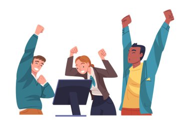 Başarı ve Zaferi Kutlayan Şanslı İnsanlar Karakteri Bilgisayar Ekran Vektörü İllüstrasyonuna Bakıyor. Neşeli Adam ve Kadın Kazanan Zaferleriyle seviniyor