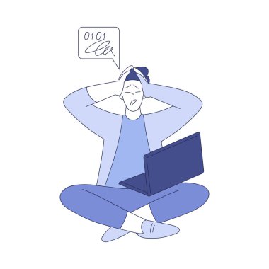 Karışık Adam Laptop Bilgisayar Programlama Vektör İllüstrasyonu ile Oturuyor. Genç Erkek Yazılım Geliştirmeye Başladı