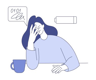 Bilgisayar Programlama Vektör İllüstrasyonunda Sorunu Çözmeye Çalışan Yorgun Kadın. Genç Kadın Yazılım Geliştirmeye Başladı