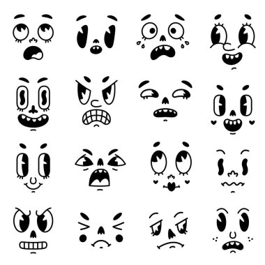 Retro Çizgi Film Maskotu Yüzleri Gözler ve Ağız Elementleri Vektör Kümesi. Neşeli ve Neşeli Duygusallı Klasik Komik Karikatürler