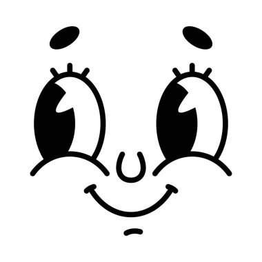 Büyük Gözlü Retro Çizgi Film Maskotu Surat ve Gülümseyen Ağız Vektör İllüstrasyonu. Neşeli ve Neşeli Duygusallı Klasik Komik Gülen Karikatür