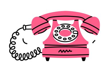 Telefon Bağlantı Vektörü İllüstrasyonu olarak Pembe Sabit Hat ya da Wirline Ev Telefonu. Retro ve Vintage Telekomünikasyon Aygıtı