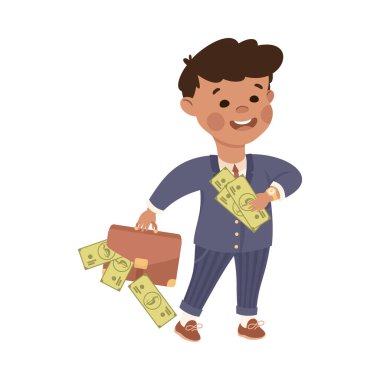 Bir Dolarlık Banknote Vektör İllüstrasyonlu Mutlu Zengin Çocuk Milyoner Çantası Taşıyor. Parası olan tatlı, varlıklı bir çocuk.