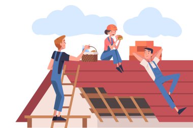 İnsan İnşaat İşçileri Karakterleriyle Çatı Tamiri Vektör Çizimi Çalışıyor. Aletleri tamir eden çatısı olan erkek ve kadın çatı ustası.