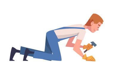 Çekiçli Man İnşaat İşçi Karakteri Çatı Tamiri Vektör İllüzyonuna Bağlandı. Genç Erkek Çatı Tamircisi Çatı