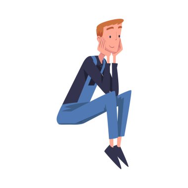 Man İnşaat İşçi Karakteri Mavi Tabanlı Çatı Üst Vektör İllüzyonu. Genç Erkek Çatı Mola Veriyor