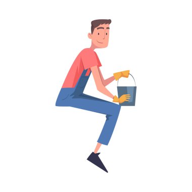 Adam İnşaat İşçi Karakteri ve Kova Çatı Tamiri Vektör İllüzyonu. Genç Erkek Çatı Tamircisi Çatı