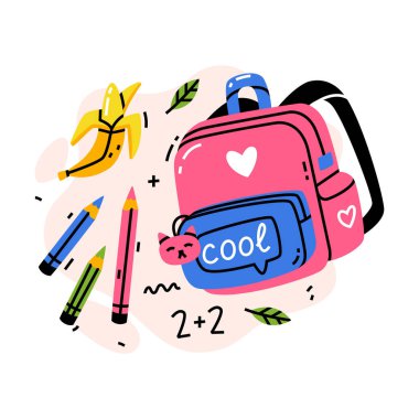 Okul Malzemeleri Sırt Çantası, Muz ve Kalem Vektör Kompozisyonu. Öğrenim için Öğrenim Malzemeleri ve Aksesuar