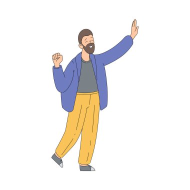 Genç Sakallı Adam, Çak Beşlik El Hareketi Vektörü İllüstrasyonu. Gülümseyen Erkek Avuç İçi Tokat Eli Gayri resmi bir selamlama veya tebrik jesti olarak