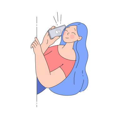 Smartphone Vector Illustration ile Köşeden Dışarı Bakan Gülümseyen Kadın Karakteri. Duvarın Arkasından Bakan Genç Kadın