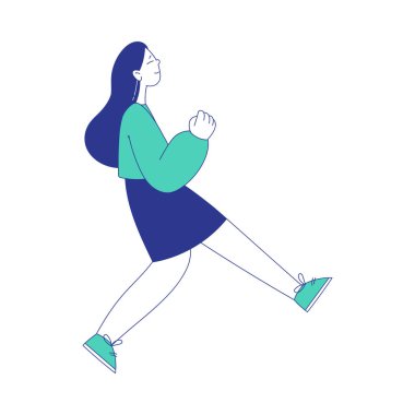 Kadın Karakteri İleriye İlerliyor Hedefe Ulaşım Vektör Çizimi. Genç Bayan İş Çalışanları İlerliyor