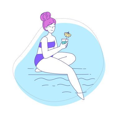 Plajdaki Kadın Karakteri Havuzda Ayaklarla Banyo Yapıyor Kokteyl Vektör İllüzyonu İçiyor. Genç Bayan Yaz Tatilinin ve Tatilin tadını Çıkartıyor