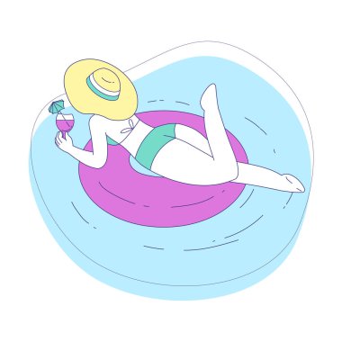 Plajda Güneş Banyosu yapan, Lastik Yüzükle Yüzen Kokteyl Vector Illustration İçen Kadın Karakteri. Genç Bayan Yaz Tatilinin ve Tatilin tadını Çıkartıyor