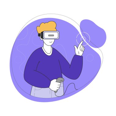 Artırılmış Gerçeklik Gözlüğü Giyen Genç Adam Dokunaklı Vektör Çizimi. VR Gözlüklü Erkek Etkileşimli Siber Görüntü Simülasyonuna Bağlandı