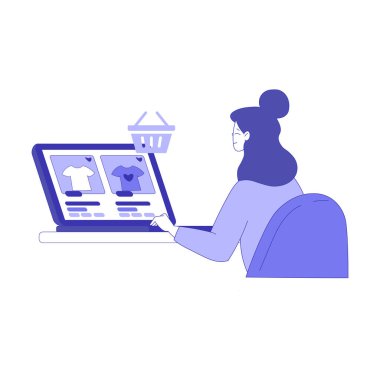 İnternetten Kadın Karakterle Alışveriş Dizüstü Bilgisayarda Oturarak Kıyafet Vektör İllüzyonu Siparişi. İnternet Mağazasını Ziyaret Eden Kadın Müşteri