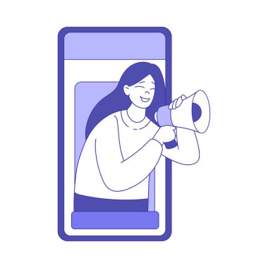 Megafonlu Kadın Smartphone Screen 'den Sosyal Pazarlama ve Tanıtım Vektörü İllüzyonu Olarak Bakıyor. Genç Kadın Medya Kampanyası ve Satış Stratejisine Girdi