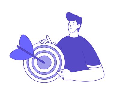 Dartboard 'lu Mutlu Adam ve İş Pazarlama Vektörü İllüstrasyonu rolünde Ok. Sosyal medya optimizasyonuna katılan genç erkek