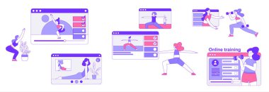 Koç Vector Set ile Kadın Spor ve Spor İnternetteki Eğitim ve Spor. Bilgisayar Ekran Kursu ile Fiziksel Aktivite Yapan Genç Kadın