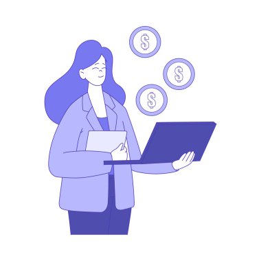 Laptop Analiz Eden Finansal Kâr Büyümesi ve Gelir Değerlendirme ve Gider Vektörü İllüstrasyonlu Kadın. Genç Kadın Bütçe Yönetimi Konsepti
