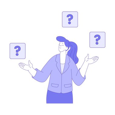 İş kadını karakteri Mark Vektör İllüzyonu ile ayakta duruyor. Genç Bayan Ofis Çalışanı Düşünme Konsepti