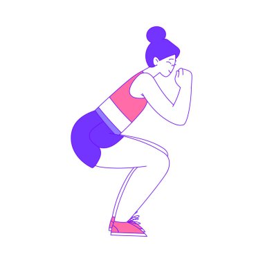 Genç Kadın Çömelme Vücut Eğitimi ve Spor Sporu Vektör İlülasyonu. Atletik Kadın Fiziksel Faaliyete Bağlandı