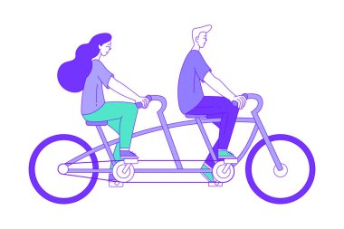 Erkek ve Kadın Motosiklet Süren Karakter Sağlıklı Yaşam Tarzı Vektör İllüstrasyonunun tadını çıkarıyor. Genç Erkek ve Kadın Bisikletçilik Eğlencelik Yapıyor