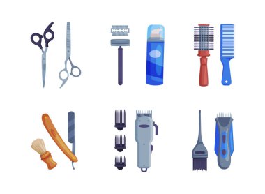 Kuaför Makas, Fırça, Ustura ve Trim Tip Vector Set. Profesyonel Kuaför Aracı ve Aracı
