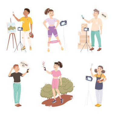 Erkek ve Kadın Blogcular ve Vlog tutucular Fotoğraf ve Görüntü İçeriği Vector Set. Genç Erkek ve Kadın Sosyal Medya İçin Video Oluşturuyor