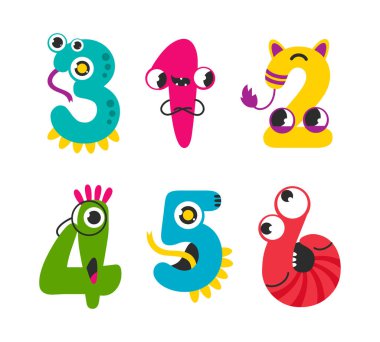 Komik Canavarlar Renkli Sayılar ve Sayılar Vektör Kümesinde Şirin Fantezi Uzaylılar. Çocuklar için Matematik Öğrenme Malzemesi