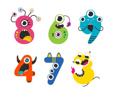 Komik Canavarlar Renkli Sayılar ve Sayılar Vektör Kümesinde Şirin Fantezi Uzaylılar. Çocuklar için Matematik Öğrenme Malzemesi