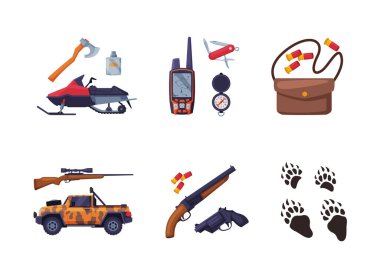 Off Road Car, Snowmobile, Rifle, Axe, Trace, Bullet and Pusula Vector Set ile avlanıyoruz. Keşif ve Macera Konsepti