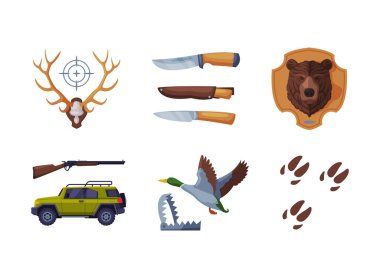 Off Road Car, Bear Head, Knife, Antler, Rifle, Duck ve Trace Vector Set ile avlanıyoruz. Keşif ve Macera Konsepti