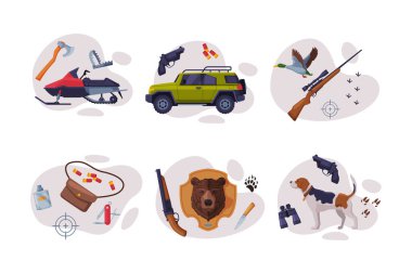 Off Road Car, Snowmobile, Rifle, Dog and Bear Head Vector Seti ile avlanıyoruz. Keşif ve Macera Konsepti