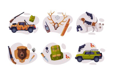 Off Road Car, Antler, Dog and Bear Head vektör kompozisyon seti ile avlanıyoruz. Keşif ve Macera Konsepti
