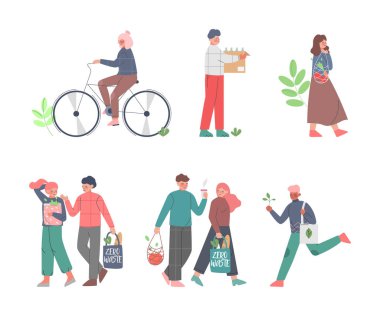 Çevre Vektörü Set 'i Koruyan Karakterlerle Çevre Dostluğu Yaşam Tarzı. Genç Adam ve Kadın Temiz Gezegen 'in tadını çıkarın