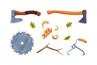 Balta ve Testere Bıçak Vector setli ahşap doğrama ekipmanı. Ağaç Kesme Aracı veya Kereste Kesme Kavramı