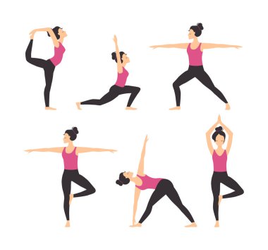 Yoga Çalışan Genç Kadın Asanas Esneme Vücut Farklı Poz Vektör Seti 'nde Duruyor. Bükülen ve Dengelenen Duruşta Esnek Kadın