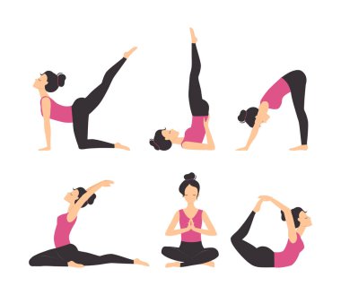 Yoga Çalışan Genç Kadın Asanas Esneme Vücut Farklı Poz Vektör Seti 'nde Duruyor. Bükülen ve Dengelenen Duruşta Esnek Kadın